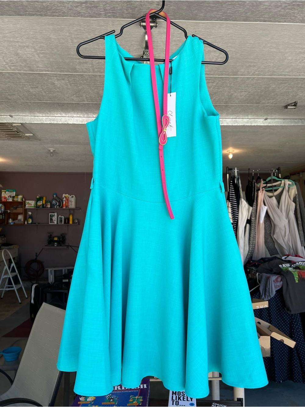 Closet Turquoise Fit-and-Flare Dress with Pink Belt